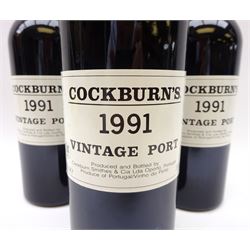 Cockburn's 1991 vintage port, 75cl, 20%vol, three bottles