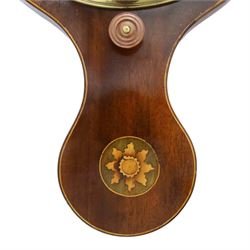 L. Solcha & Co. of Hull - 19th century Sheraton Revival mahogany wheel barometer, the swan neck pediment above a floral inlaid medallion and thermometer, with further shell inlay flanking the stem, the circular silvered dial above a shaped terminal, H 99cm