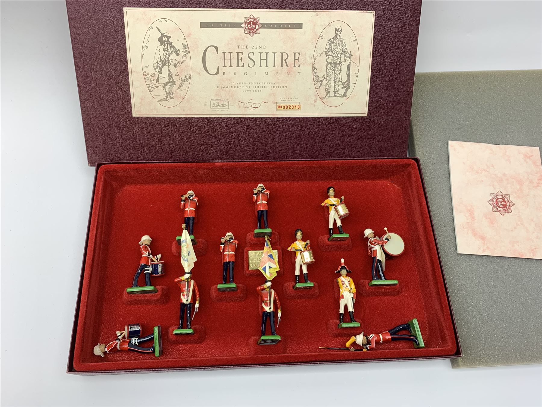 Britains - three limited edition sets of soldiers comprising Royal Irish Rangers No.935/5000, The 22nd Cheshire Regiment 300 Year Anniversary No.2313/7000 and The United States Army Band of Washington D.C., 'Pershings Own ' in the famous 1954 'Yellow Jackets' No.2706/5000; all mint and boxed (3)