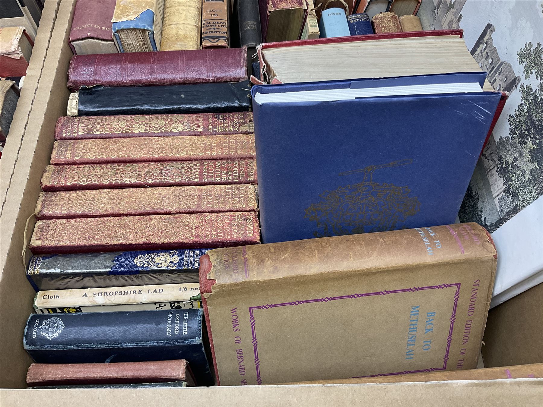 Collection of books to include Byron's Works, Hogarth's work, ten volumes by Sir Walter Scott Bart etc, in two boxes 