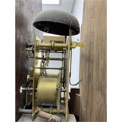 Ayers of Newcastle - 19th century oak cased 8 day longcase clock c1850, with a break-arch top and turned wooden finials, conforming hood door flanked by waisted pilasters and brass capitals, trunk door with an arched top, rectangular plinth with decorative base, painted dial with floral spandrels and a rural depiction to the arch, Roman numerals and minute track, with matching brass hands and subsidiary seconds and date dials, dial pinned directly to a rack striking movement, sounding the hours on a bell. With pendulum and weights.