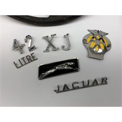 Jaguar in-car tool kit, boxed, model trim for a Jaguar Mark X 4.2 litre; AA yellow and chrome badge; and a steering wheel thought to be for a Morgan 44.