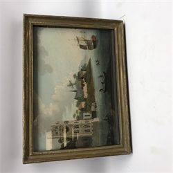 Early 19th century automaton picture clock by Thomas Brown of Birmingham - landscape painting on metal depicting port town, fishermen in the foreground, the clock tower to the left looking into the port, the automaton windmill sits above the town, glazed and displayed in gilt frame, movement signed Thomas Brown of Birmingham, 49cm x 36cm