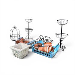 Pair of two tiered flower baskets, two hay racks, hanging basket, two boxes of plant pots ...