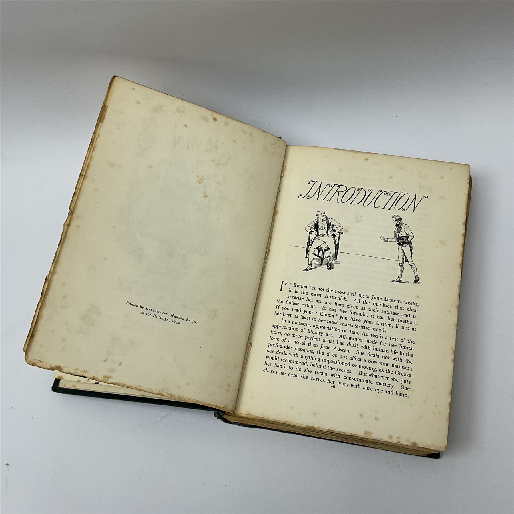 Emma by Jane Austen, book printed by Ballantyne, Hanson & Co, with an introduction by Joseph Jacobs and illustrations by Chris Hammond, dated '1898'