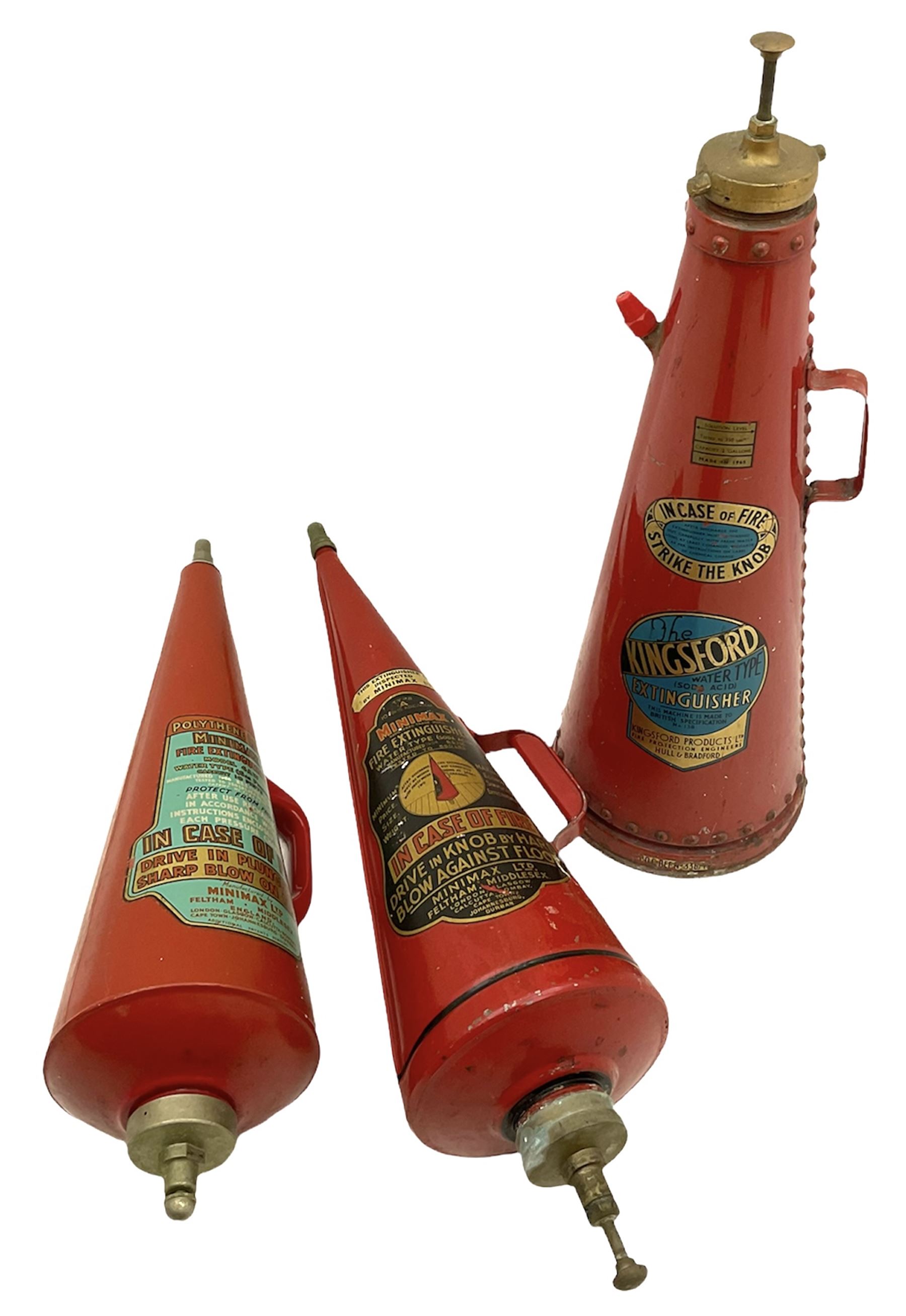 Kingsford fire extinguisher of riveted conical form, dated 1965, with painted and printed decoration, together with two Minimax conical examples dated 1966 and 1954 with gilt decoration, H approx 70cm