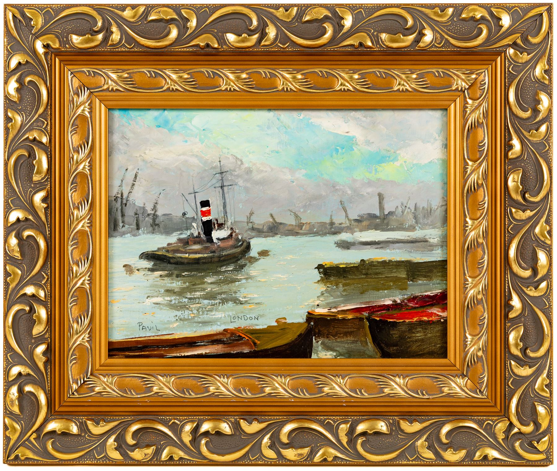 Elie Anatole Pavil (Ukrainian 1873-1944): 'London' - Tug Boat on the Thames, oil on board signed and titled 17cm x 23cm