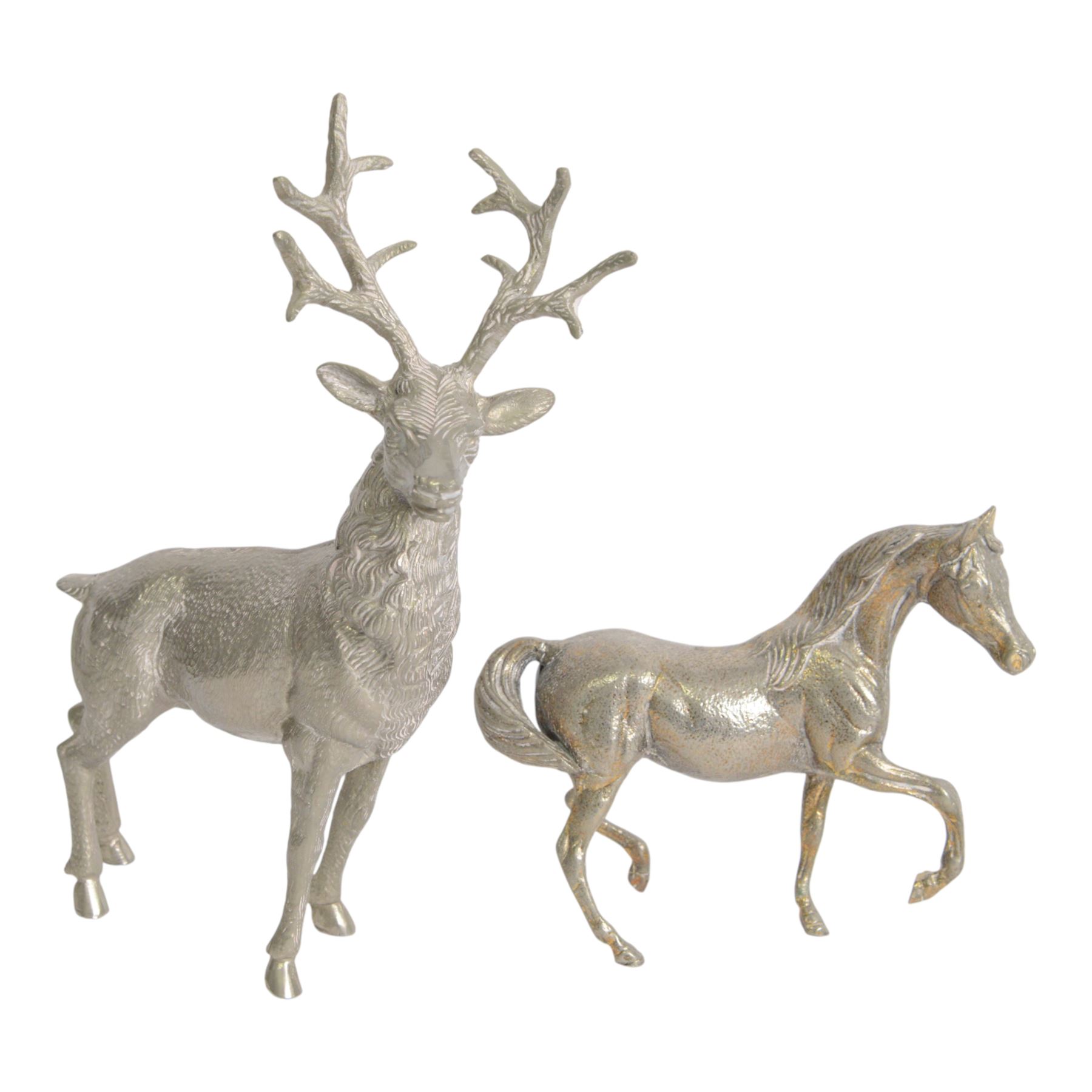 Silver plated Stag, together with cock and hen pheasant, hounds and other animals 