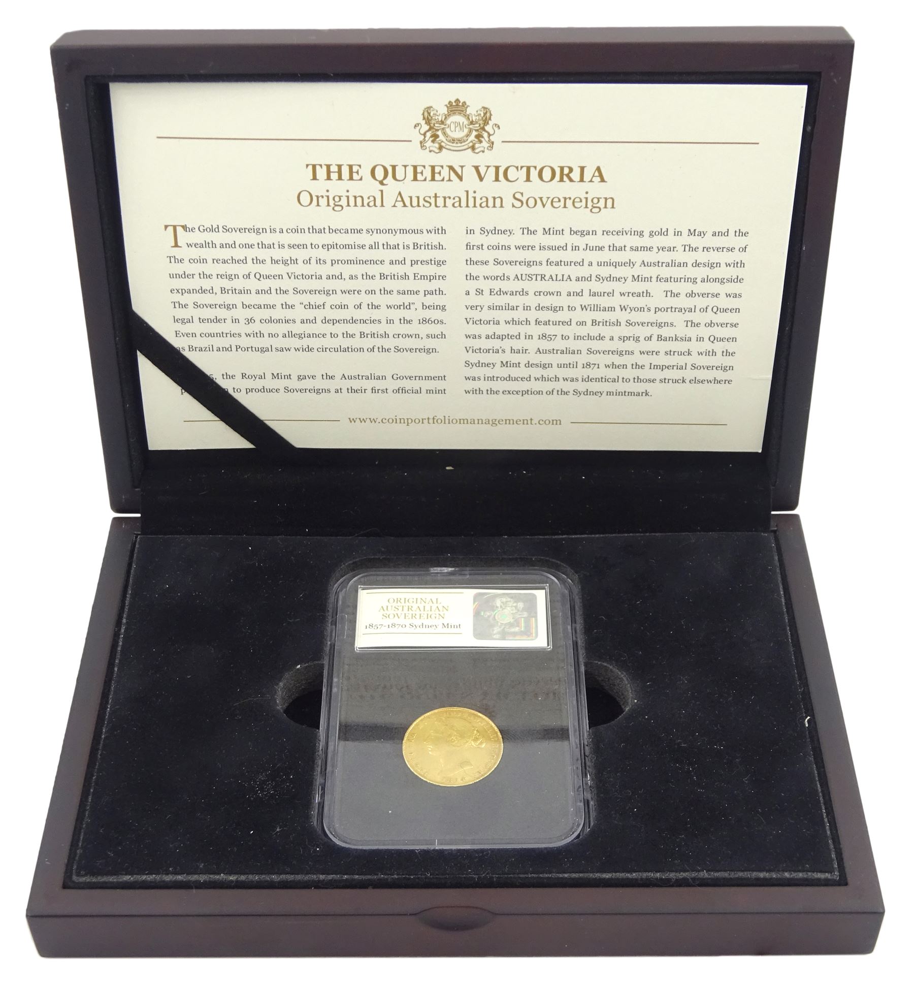 Queen Victoria 1864 Australian gold full sovereign coin, Sydney Mint, housed in a plastic holder with CPM information leaflet and display box