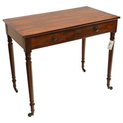 Victorian mahogany side table, rectangular top, two short drawers one compartmented, raised on turned supports with castors