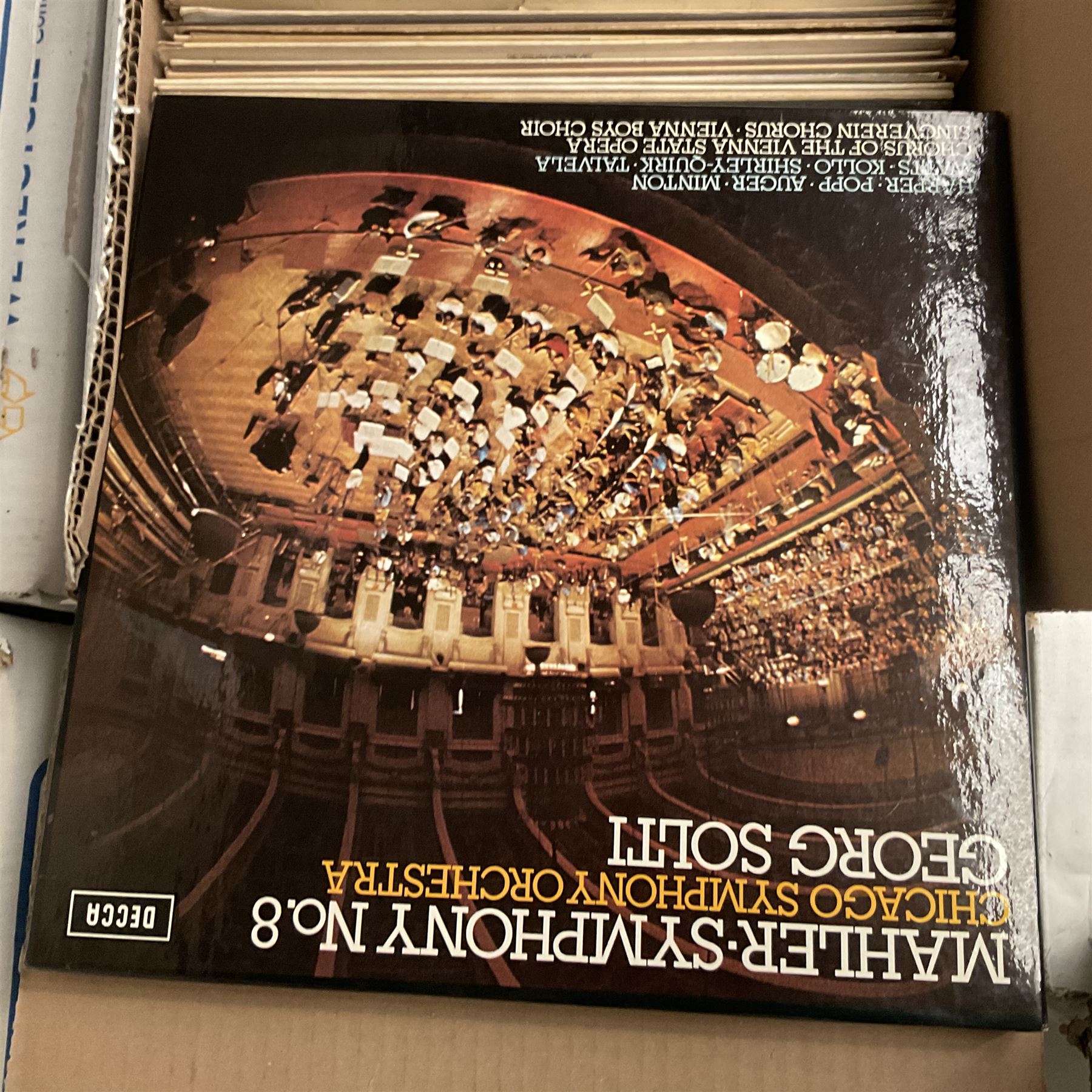 Collection of vinyl LP records in four boxes, mainly Jazz and Classical including Piano Rags by Scott Joplin, Sarah Vaughn, Duke Ellington and His Orchestra and Louis Armstrong, etc