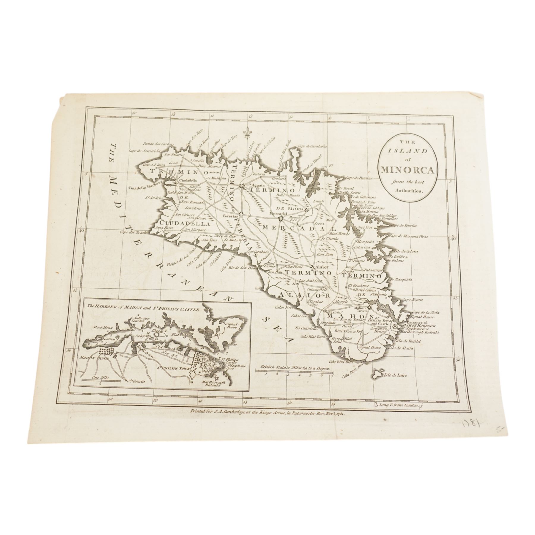 Lluffman (Early 19th century): 'Malta', 19th century engraved map with hand-colouring pub. 'Atlas of Europe' 1814, 28cm x 23cm; Thomas Kitchin (British 1719-1784): 'The Island of Minorca', 18th century engraved map with inset of 'The Harbour of Mahon and St Philips Castle', pub. 1781, 21cm x 26cm (2) (unframed)