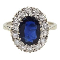 18ct white gold oval sapphire and diamond cluster ring, sapphire approx 1.80 carat