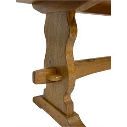 Beaverman - oak coffee table, adzed rectangular top, burr oak shaped supports on sledge feet joined by pegged stretcher, by Colin Almack of Sutton-under-Whitestone Cliffe