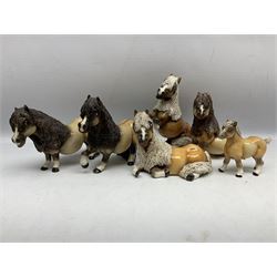 Set of six Cheval comical horse figures, modelled as Shetland ponies with spaghetti manes to include Palomino examples, all with Cheval Made in U.S.A stickers