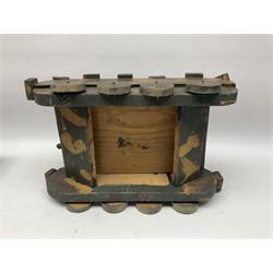 1940s French wooden eight wheel model FFI free tank, painted in brown camouflage, together with a 1940s wooden scratch built model of a landing craft, tank H18cm, W31cm