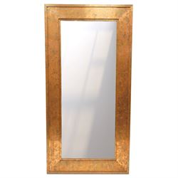 Large contemporary distressed copper effect framed wall mirror, stepped frame enclosing a ...