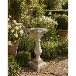 Composition stone sundial, square top with bulb pedestal, raised stepped plinth, lead dial...