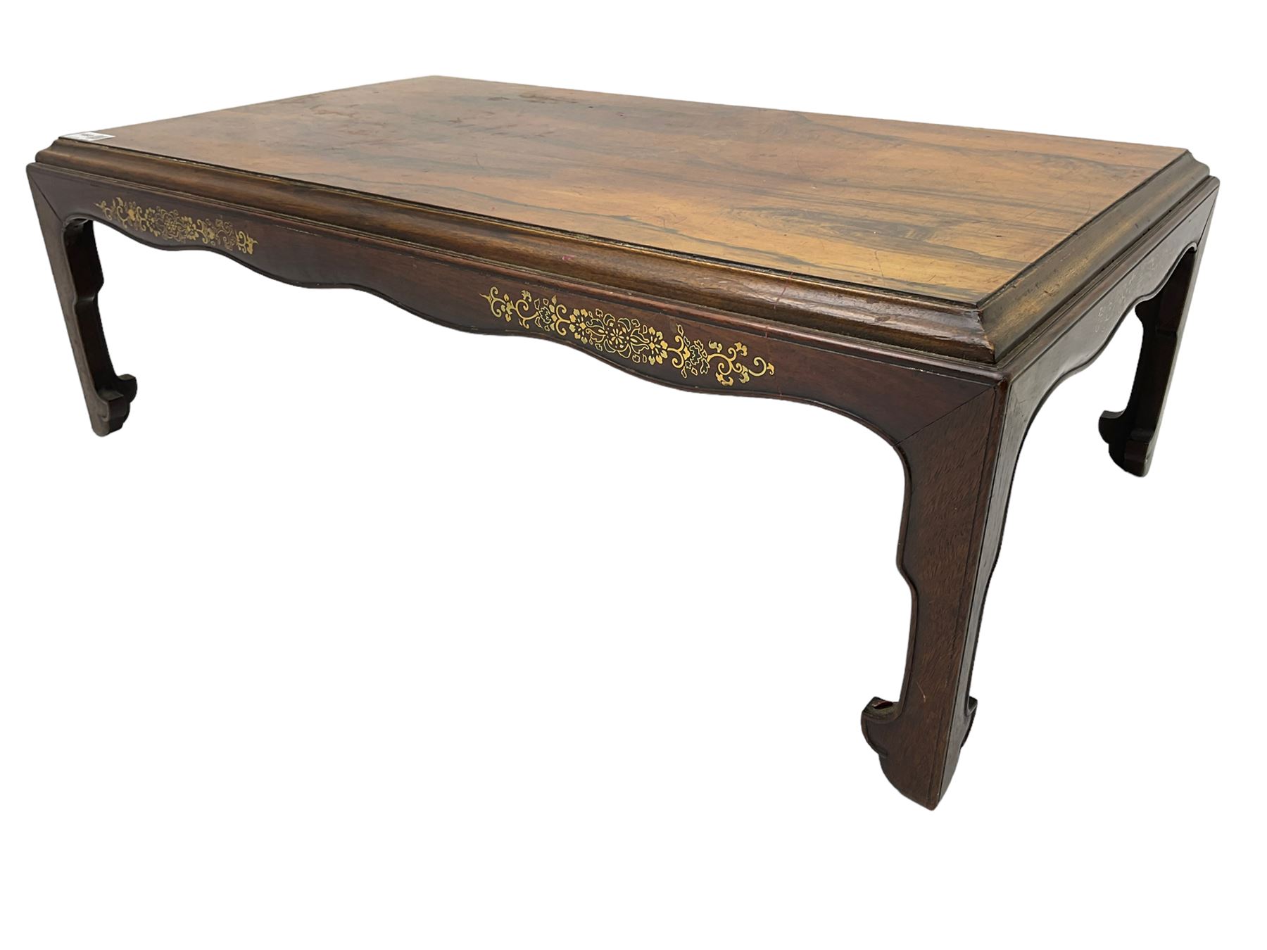19th century rosewood opium table, rectangular top with moulded edge, the shaped apron decorated with applied brass scrolling foliate detail, raised on shaped supports with stylised leaf feet and cockbeaded edge