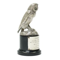 Presentation silver plated model of an owl by Phillips, Aldershot to Col. H.R.S. Pain M.C. 4th/7th Royal Dragoon Guards, Staff College Camberley, December 1959 H13cm