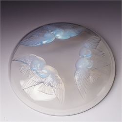 Lalique opalescent glass bowl in the 'Nonettes' pattern moulded with birds, marked R Lalique France D22cm