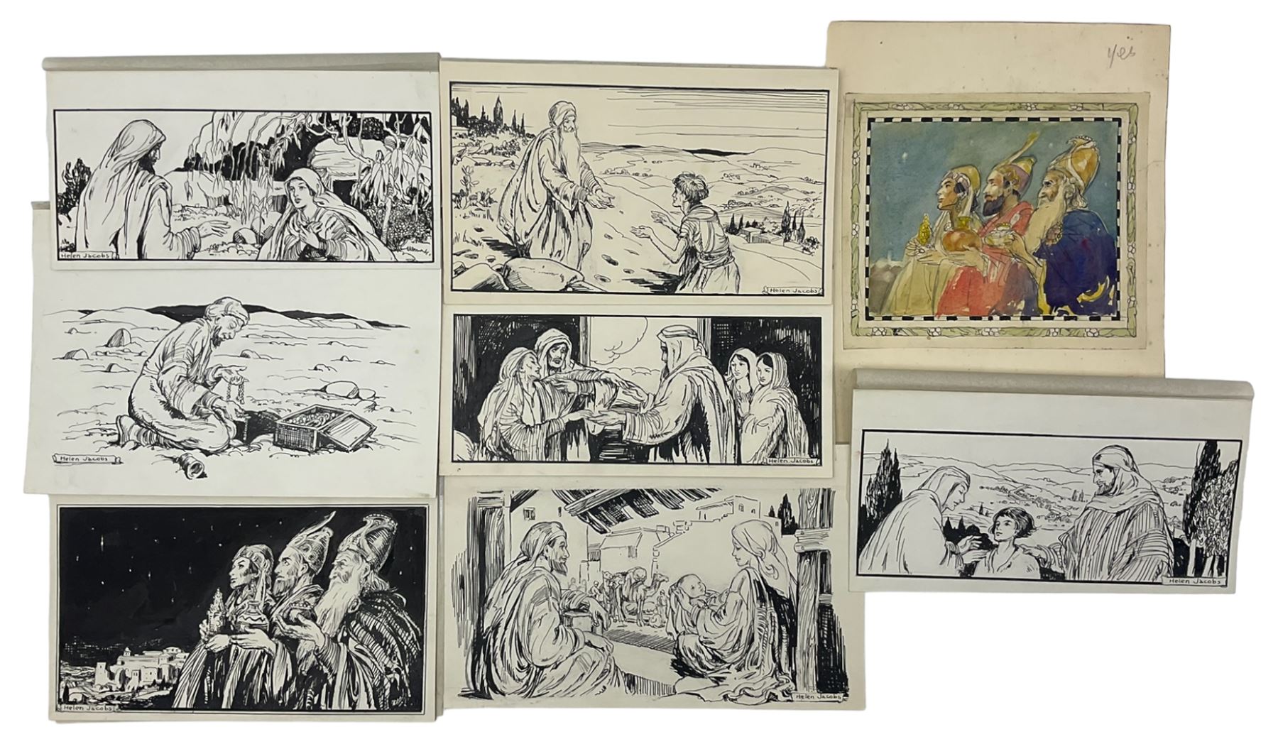 Helen Jacobs BWS (British 1888-1970): 'The Shining Way', collection of seven pen and ink and one watercolour illustration, illustrated in Stella Mead's book of the same title pub. 1947, max 14cm x 22cm (8) (unframed)