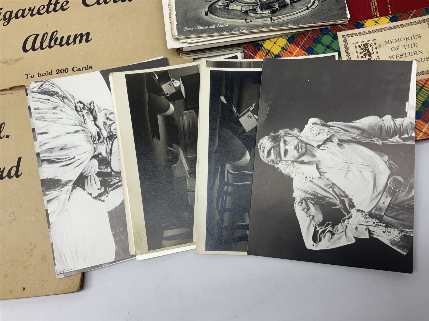 Two albums of cigarette cards, including Carreras Alice in Wonderland examples, together with vintage greetings cards, postcards, theatre stills, etc