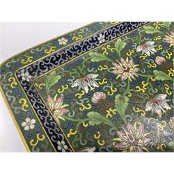20th century Chinese cloisonne enamel smoking set, comprising two ashtrays, box and tray, with floral and foliate scrolling on green ground