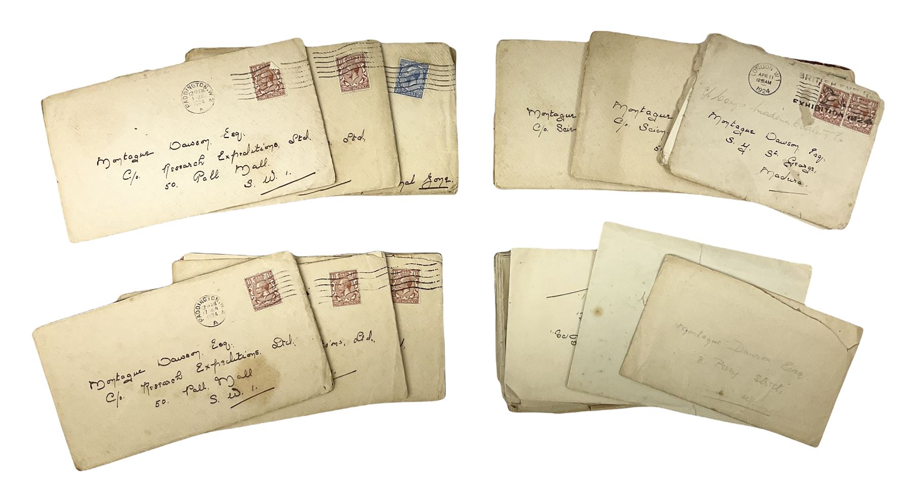 Montague Dawson interest - a correspondence of forty manuscript letters and notes to the marine artist from the same lady who signs herself 'Browne' or 'Brownie', c1920-24. The letters are in two sections, firstly a series of twenty-three hand written notes, all in the original envelopes and privately delivered to Dawson at Percy Street in London c1920, one envelope featuring a small unsigned pencil sketch of a sailing vessel. The second section of seventeen letters all date between April and July 1924 whilst Dawson was serving as the official artist on the South Seas Expedition on the S.Y. St. George where he was providing illustrated reports to The Graphic magazine. These letters (all but one in their original stamped envelopes) are far more detailed, up to twelve pages in length, and include two original photographs of the lady sent to Dawson during this Expedition.