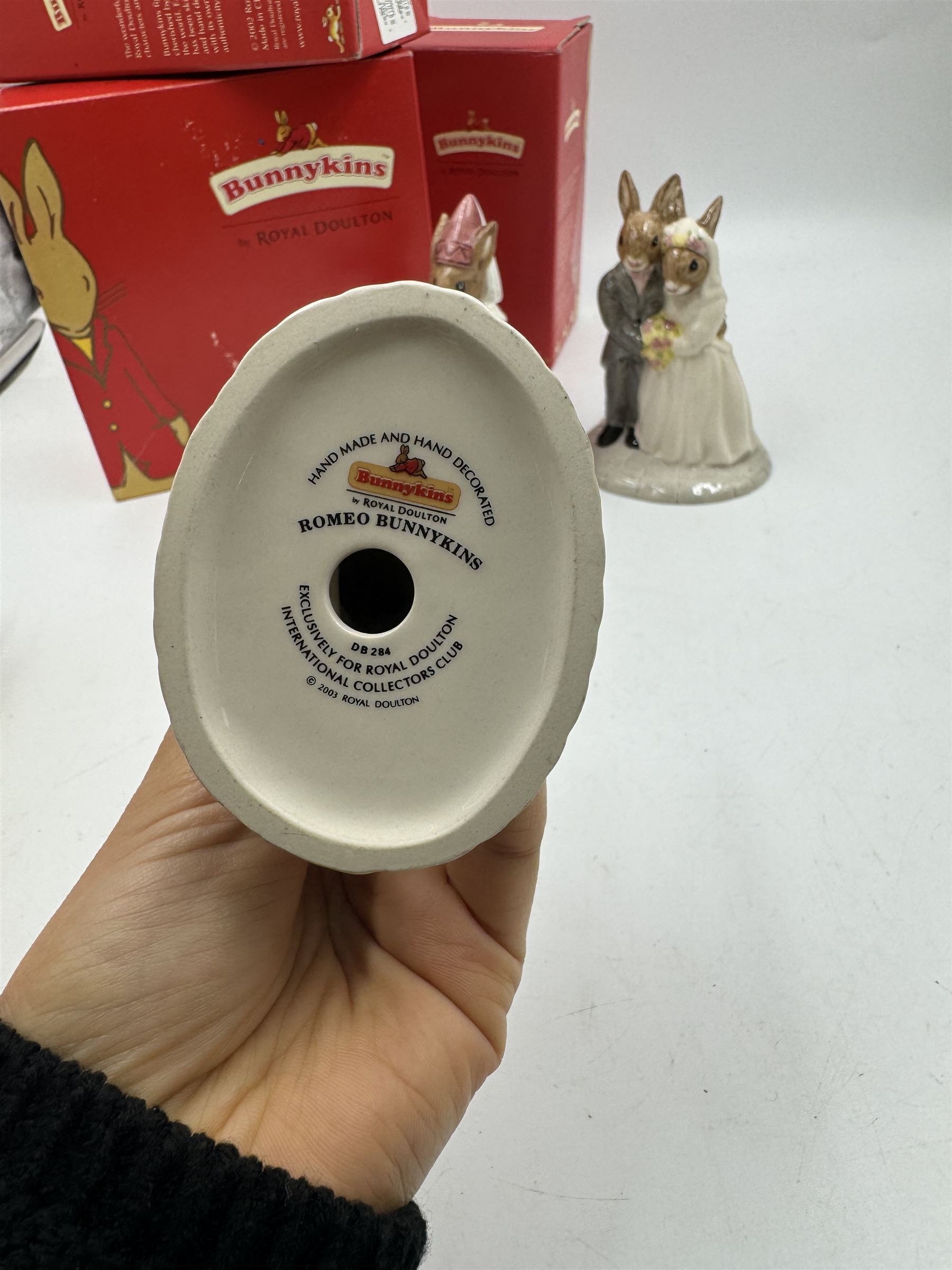 Five Royal Doulton Bunnykins comprising Sundial, Wedding Day, Gladiator, Romeo and Juliet 