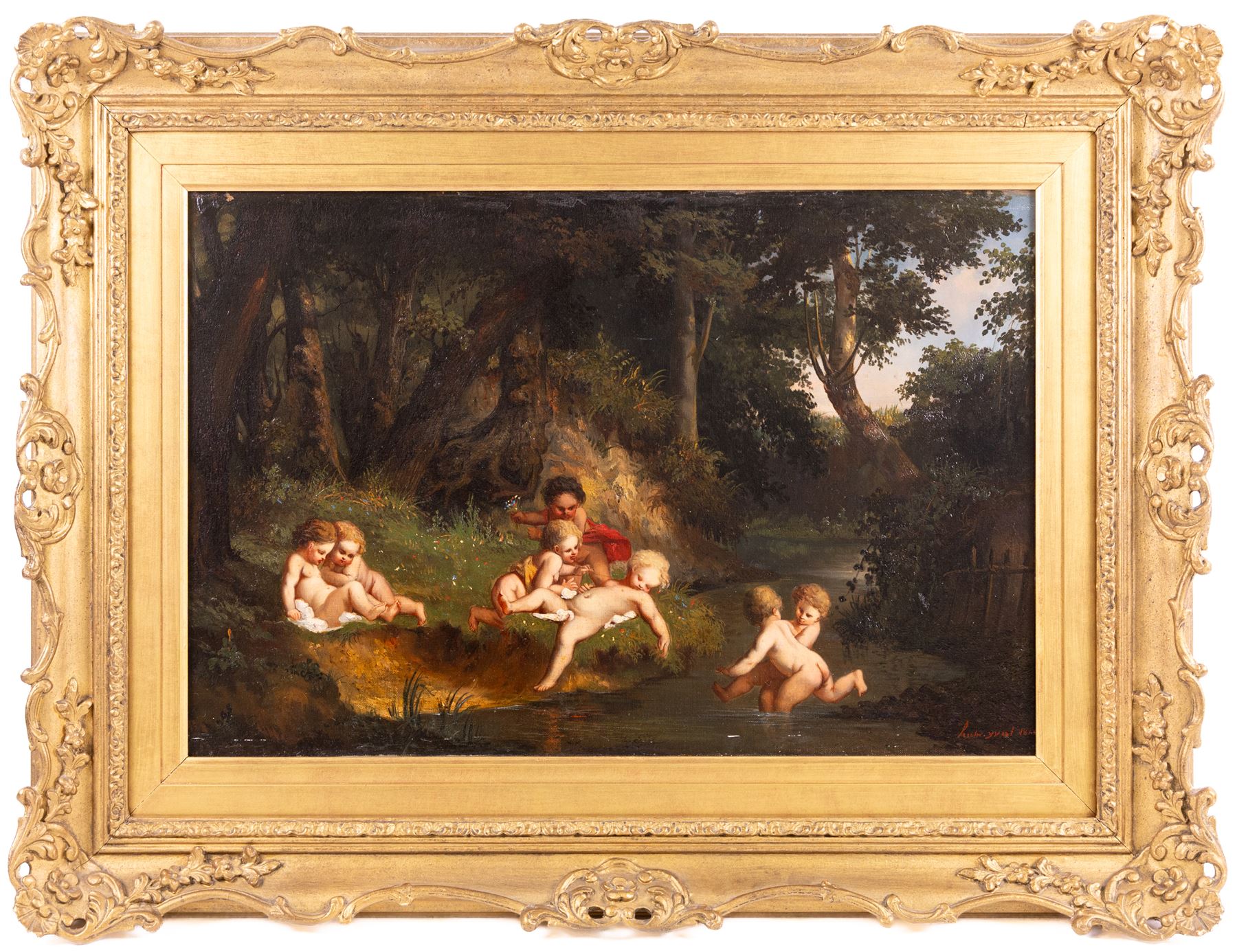 Continental School (19th Century): Cherubs near the Waters Edge, oil on canvas indistinctly signed and dated 1860, 40cm x 60cm 