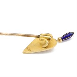 19th / early 20th century diamond trowel stick pin, set with three rose cut diamonds, blue enamel surround and handle, stamped 18ct