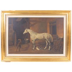 P J Wright (British 20th Century): Horse in Stable, oil on canvas signed 49cm x 75cm 