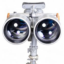 Pair of mid 20th century Russian Helios PNB-2 military observation binoculars, no. 40149, each 'Big Eye' lens 13cm in diameter, with 80 degrees vertical elevation, 360 degrees rotation, spirit level to centre of body, contained in wooden stow case with service manual, canvas cover, two lens caps, a small latched metal tin containing lenses and accessories and on adjustable wooden tripod painted green with pointed feet,  with a small latched metal tin containing eight lenses and accessories