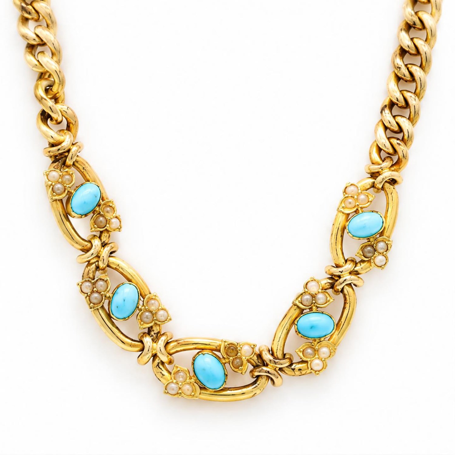 19th / early 20th century gold turquoise and pearl necklace, the the central five oval links set with a cabochon turquoise stone, with split pearl petals, to a curb link chain necklace, stamped 15ct