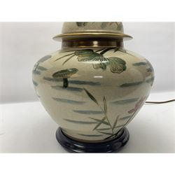 Table lamp of squat baluster form, decorated with Mandarin ducks and waterlilies, H65cm 