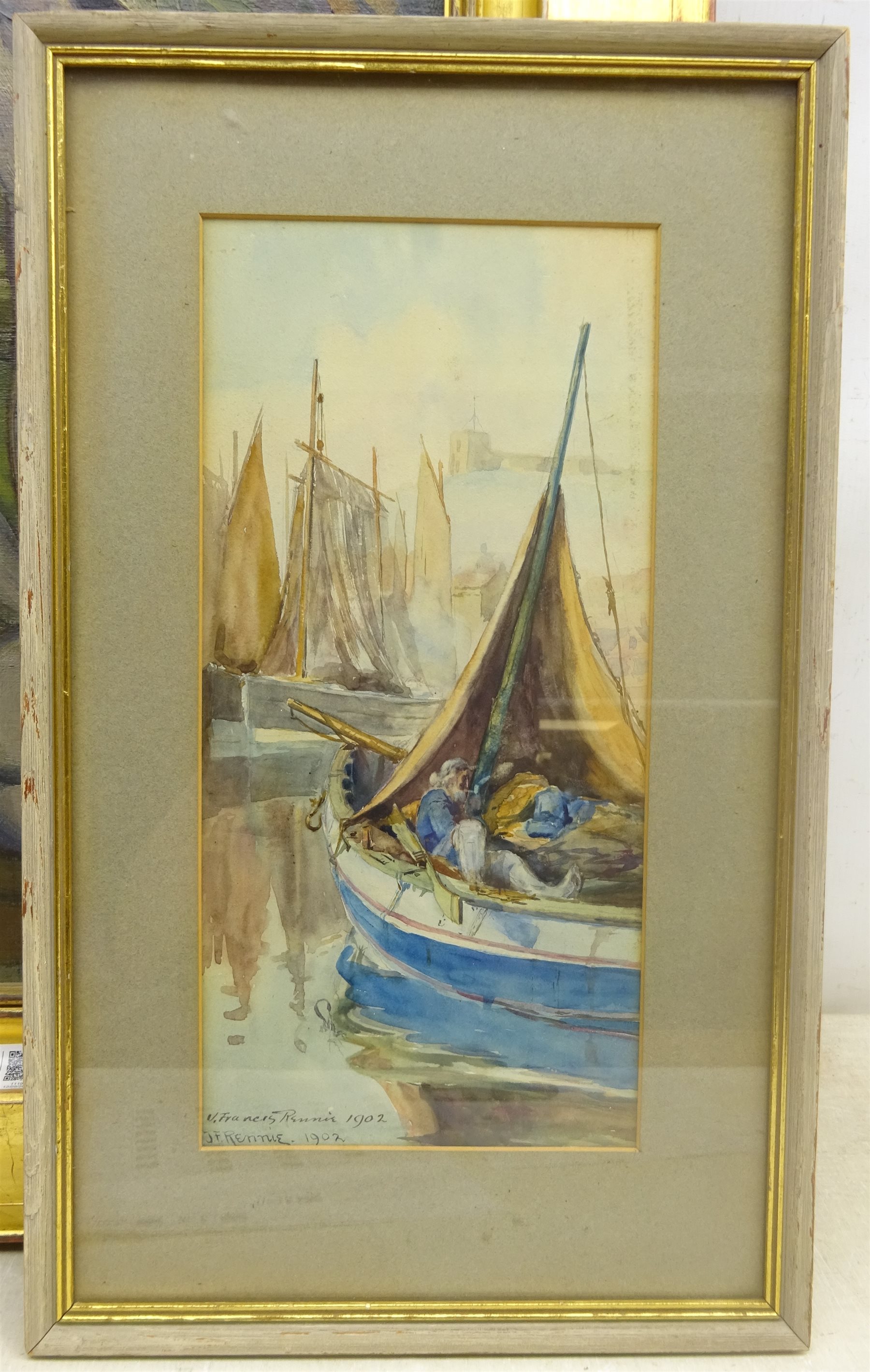 John Francis Rennie (19th/20th century): Fishing Boats in Whitby Harbour, watercolour signed and dated 1902,  33cm x 16cm