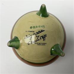 Clarice Cliff Bizarre for Newport Pottery, small bowl in the form of cauldron painted in the Crocus pattern, bordered by brown and yellow banding, with angular handles and raised upon three peg feet, with green printed mark and painted CROCUS beneath, circa 1929, H7cm