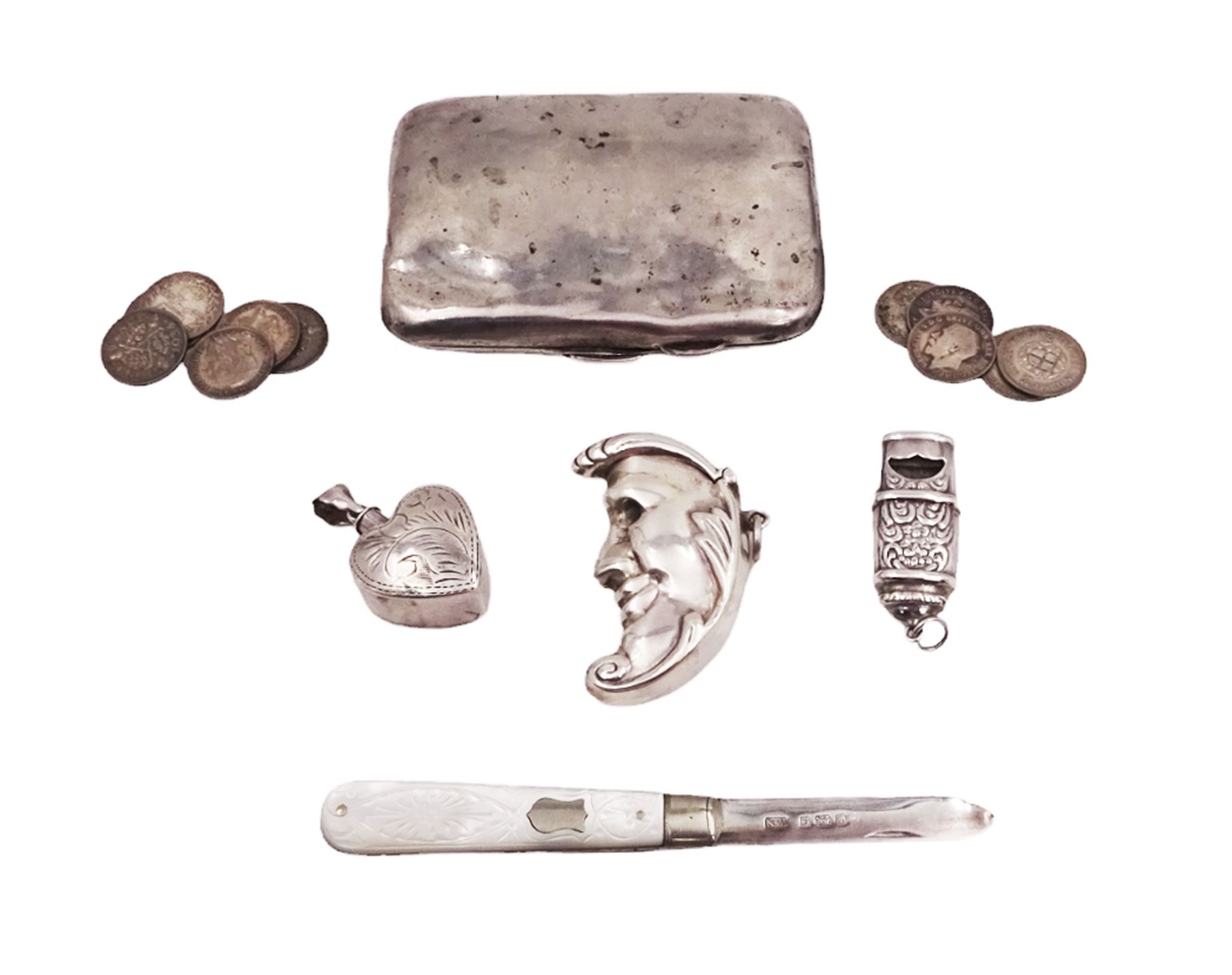 Group of novelty silver items, comprising man in the moon vesta case, perfume pendant and a whistle, unmarked but test silver, together with a mother of pearl handled silver fruit knife, silver cigarette case, both hallmarked and a small quantity of silver threepences