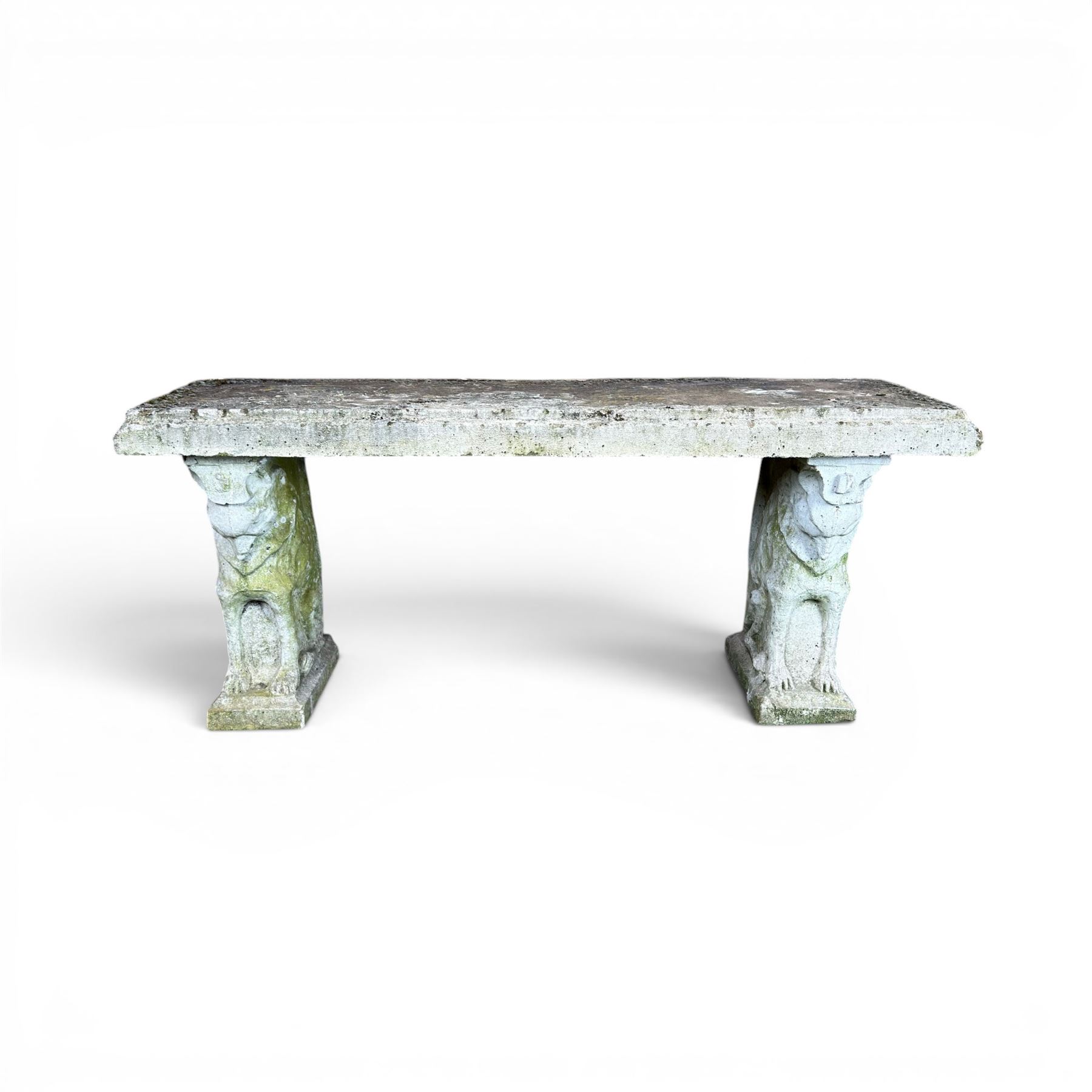 Weathered cast stone three piece garden bench, slab top raised on mythical creature supports