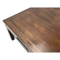 Fine 19th century Chinese Qing dynasty hmong wood mahjong or coffee table, Ming design, square top with raised moulded lip, each side fitted with small drawer, on square supports with hoof feet