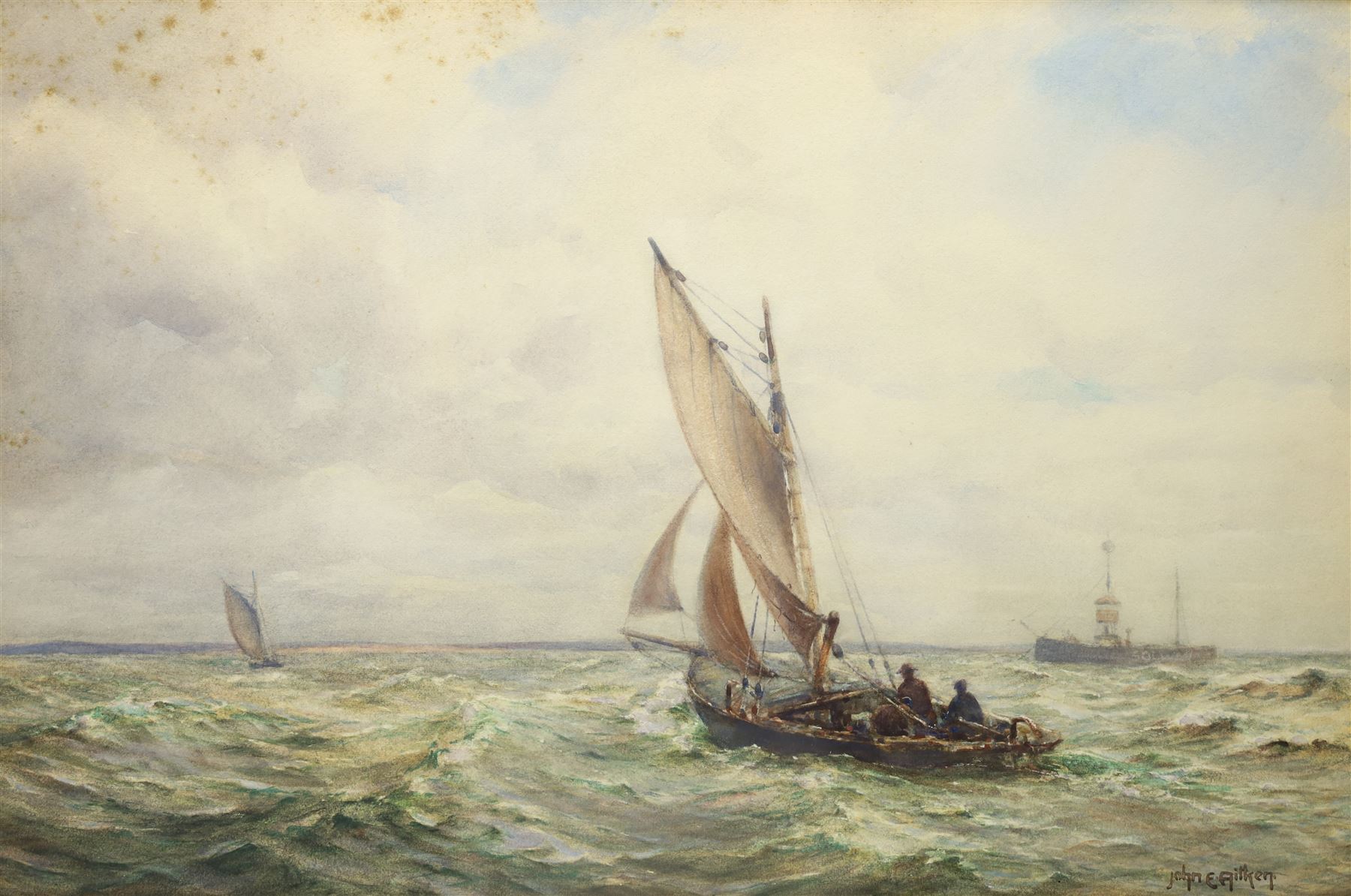 John Ernest Aitken (Scottish 1881-1957): 'Passing the Solway Lightship', watercolour signed, titled on Chas. Rowley and Co 1910 Ltd label verso 33cm x 49.5cm