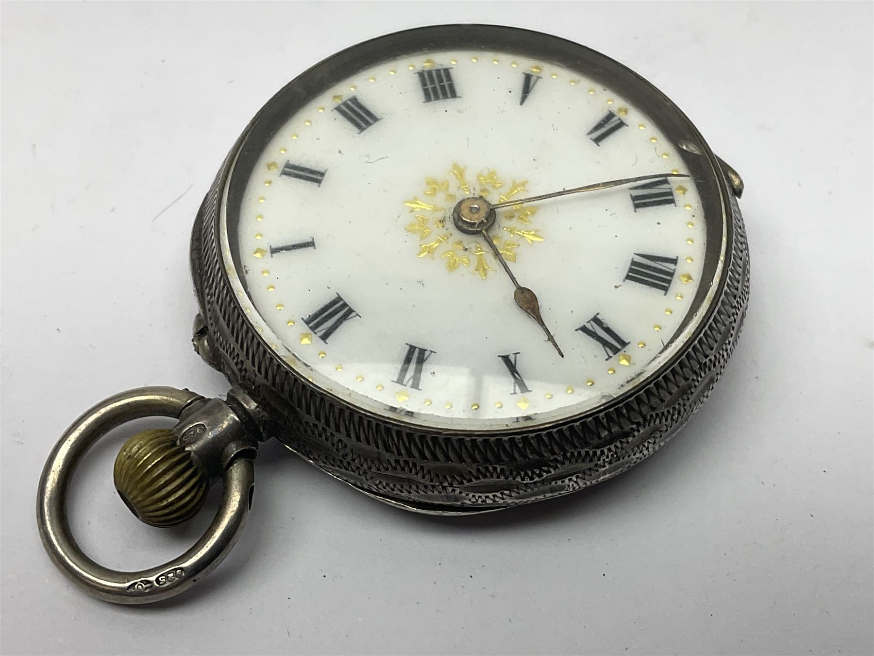 9ct gold pear butterfly brooch, 9ct gold stone set ring and an silver fob watch, all stamped or hallmarked 