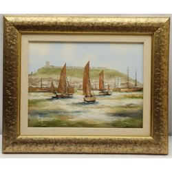 Ken Hammond (British 1948-): 'Fishing Fleet at Scarborough', oil on canvas signed, titled verso 29cm x 39cm