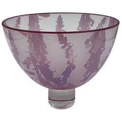 Gillies Jones of Rosedale glass bowl decorated with purple foxgloves with purple rim,  upon a short clear tapering foot, signed to base, H13cm D15.5cm