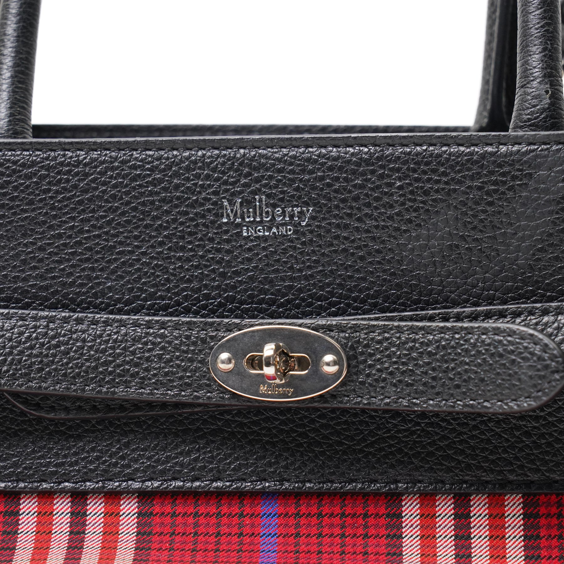 Mulberry - Belted Bayswater Tartan Check handbag in Scarlet tartan check fabric with black grained leather trim, the structured body with twin rolled leather top handles, detachable shoulder strap, silver-tone Postman’s Lock fastening and belted front detail, with original Mulberry product tag, care booklet and dust bag