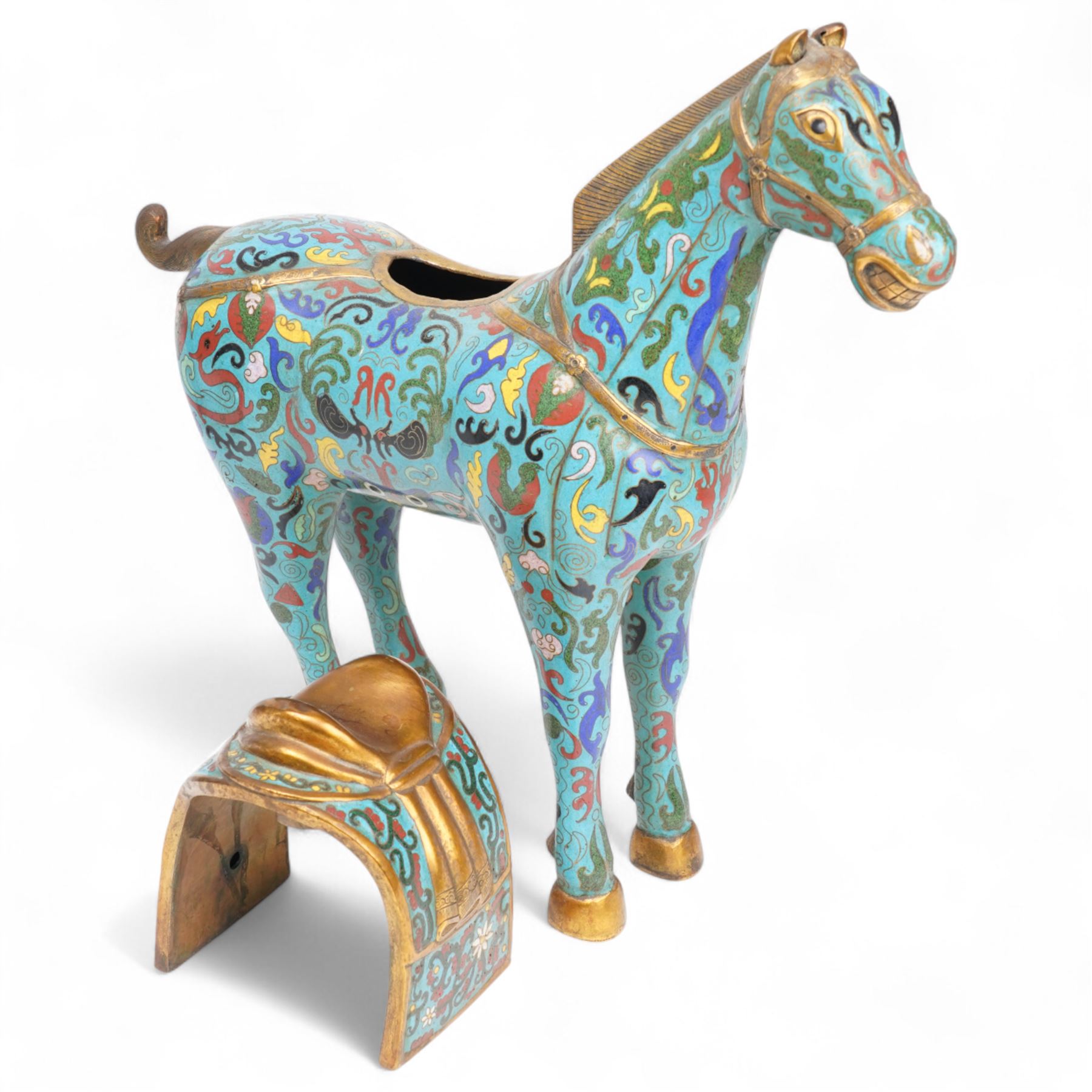 Pair of Chinese 20th century cloisonne Tang style horses with removeable saddles H35cm and a cloisonne and gilt metal koro