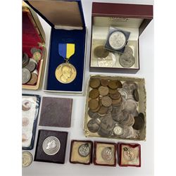 Coins and collectables including approximately 60 grams of pre 1947 Great British silver coins, King George V 1935 crown, commemorative crowns, pre-decimal pennies, various sporting medals/fobs, 'Paul Harris Fellow' medal in blue case etc