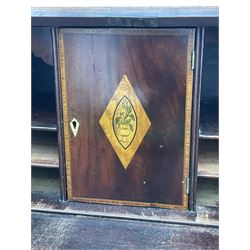 George III mahogany bureau, the conch inlaid fall front enclosing pigeon holes, shelves and central cupboard with inlaid flower motif, four graduating cock-beaded drawers below each with brass handles, lower moulded edge over shaped bracket feet