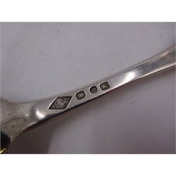 Early 19th century French silver Fiddle pattern table spoon, with cockerel standard mark for 800/1000 and maker's mark JFM, together with a George III Irish silver Fiddle pattern spoon, hallmarked John Shiels, Dublin 1796